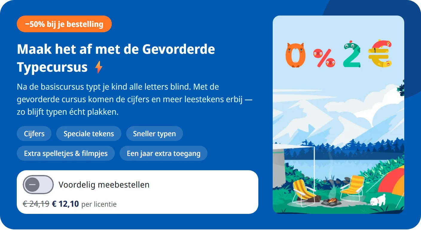 De banner van de Gevorderde Typecursus in de kassa, met de schuifknop