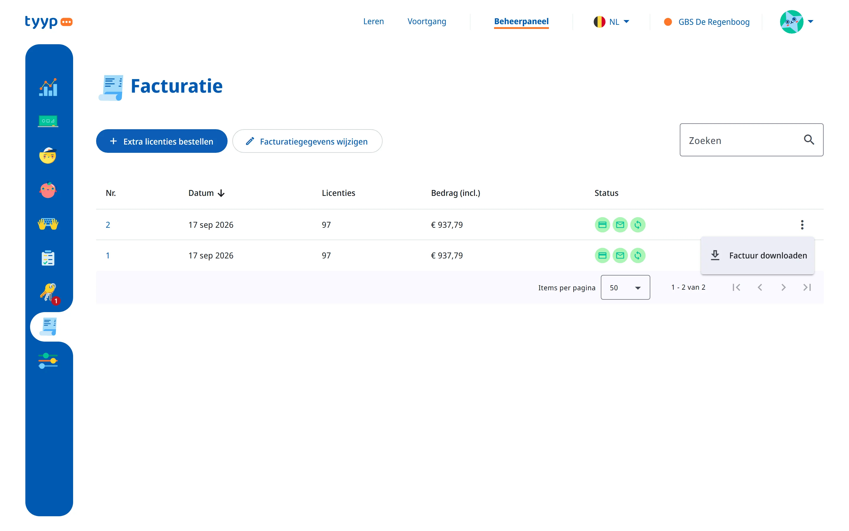 Het menu "Meer acties" bij een factuur
