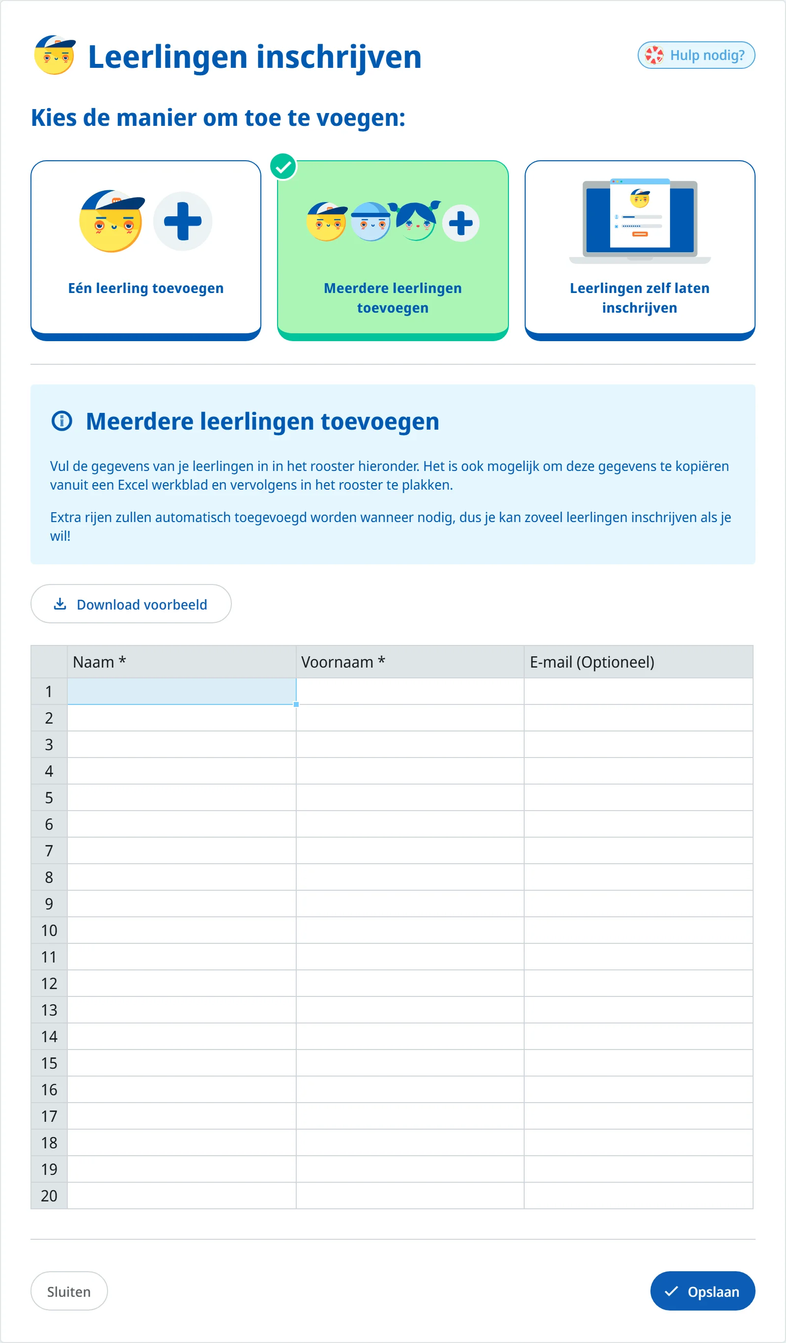 Het rooster waarin je leerlingen typt of plakt
